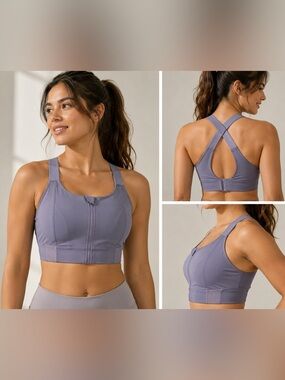 High Support Lavender Zip Front Sports Bra Adjustable Straps Athleisure L/XL